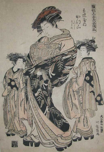 Oiran Katsuyama and Her Attendants from Minoya by Koryusai, Woodblock Print
