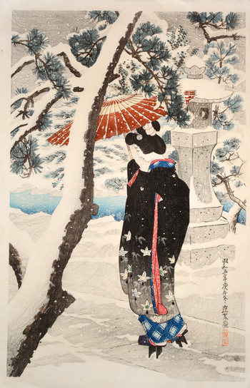 Shrine in Snow by Shinsui, Woodblock Print