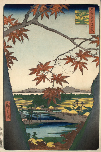 Maple Leaves at Mama and Tekona Shrine by Hiroshige, Woodblock Print