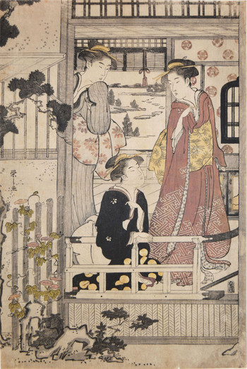 On the Veranda by Eishi, Woodblock Print