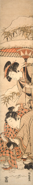 Young Man Cleaning Snow from Lover's Geta by Koryusai, Woodblock Print