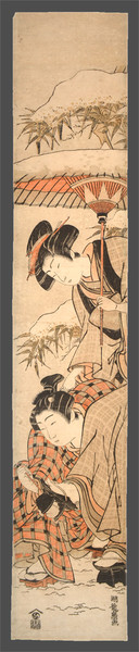 Young Man Cleaning Snow from Lover's Geta by Koryusai, Woodblock Print