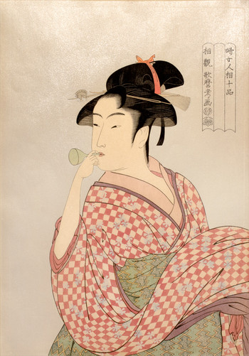 Young Woman Blowing a Glass Noisemaker (Woodblock Reproduction) by Utamaro, Woodblock Print