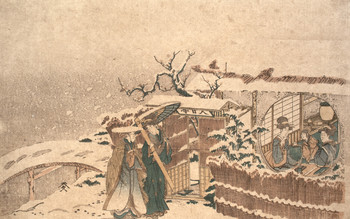 Women Making a Visit in Snow by Hokusai, Woodblock Print
