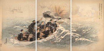 Picture of Captain Osawa and Six Others, the Sevenman Suicide Squad from the Warship Yaeyama, Pushing Forward in Rongcheng Bay by Gekko, Woodblock Print