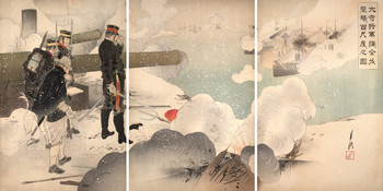 General Odera Attacking the Hundred Foot Cliff with All His Might by Gekko, Woodblock Print