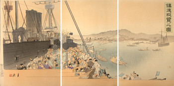 Popular Viewing of the Captured Chinese Warship Chenyuen by Gekko, Woodblock Print