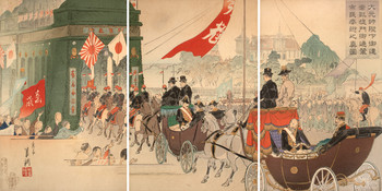woodblock print titled Citizens Greeting the Carriage of His Imperial Majesty and Commander-in-Chief upon His Return through the Triumphal Arch by Gekko Ogata