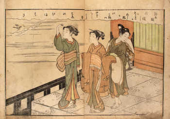 Two Beauties Spot a Bird in the Clouds by Harunobu, Woodblock Print