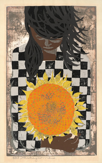 Girl with Sunflower by Nakayama, Tadashi, Woodblock Print