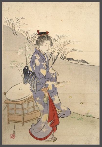 Girl with Folding Fan and Butterflies by Gekko, Woodblock Print