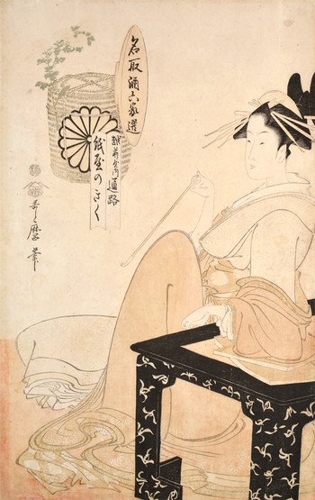 Courtesan Tsuji from Echizenya and Kamiya no Kiku by Utamaro, Woodblock Print